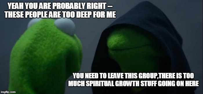 Evil Kermit | YEAH YOU ARE PROBABLY RIGHT -- THESE PEOPLE ARE TOO DEEP FOR ME; YOU NEED TO LEAVE THIS GROUP,THERE IS TOO MUCH SPIRITUAL GROWTH STUFF GOING ON HERE | image tagged in memes,evil kermit | made w/ Imgflip meme maker