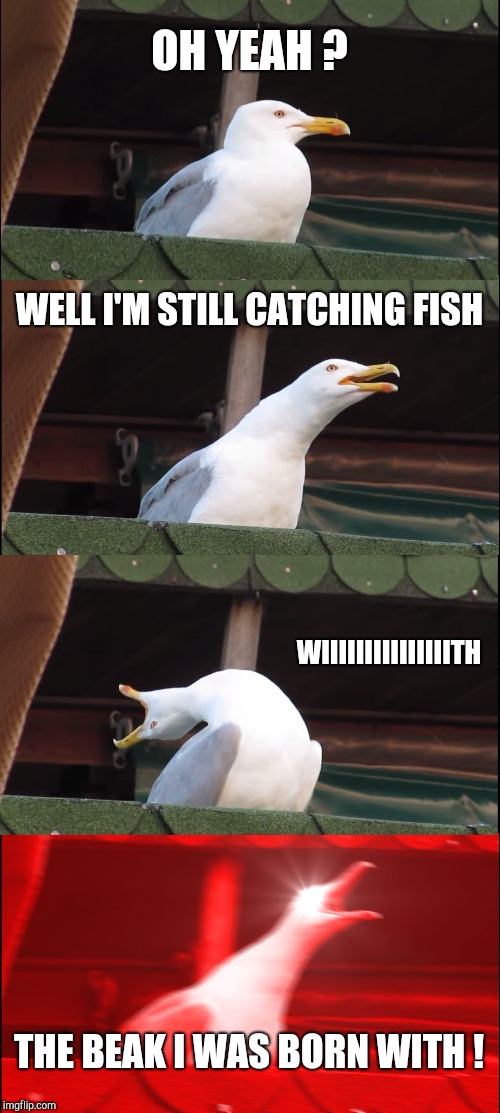 Inhaling Seagull Meme | OH YEAH ? WELL I'M STILL CATCHING FISH WIIIIIIIIIIIIIIITH THE BEAK I WAS BORN WITH ! | image tagged in memes,inhaling seagull | made w/ Imgflip meme maker