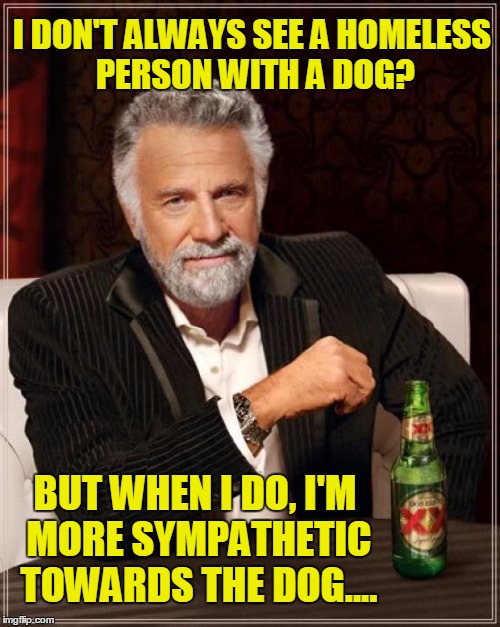 Sympathetic Towards Homeless Dog Rather Than The Person!! | I DON'T ALWAYS SEE A HOMELESS PERSON WITH A DOG? BUT WHEN I DO, I'M MORE SYMPATHETIC TOWARDS THE DOG.... | image tagged in memes,the most interesting man in the world | made w/ Imgflip meme maker