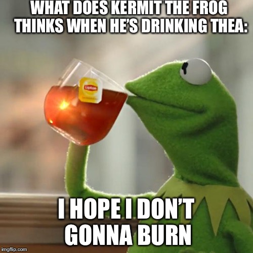 Kermit’s thea | WHAT DOES KERMIT THE FROG THINKS WHEN HE’S DRINKING THEA:; I HOPE I DON’T GONNA BURN | image tagged in memes,but thats none of my business,kermit the frog | made w/ Imgflip meme maker