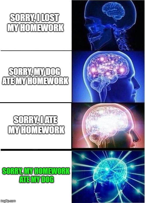 WTF | SORRY, I LOST MY HOMEWORK; SORRY, MY DOG ATE MY HOMEWORK; SORRY, I ATE MY HOMEWORK; SORRY, MY HOMEWORK ATE MY DOG | image tagged in memes,expanding brain | made w/ Imgflip meme maker