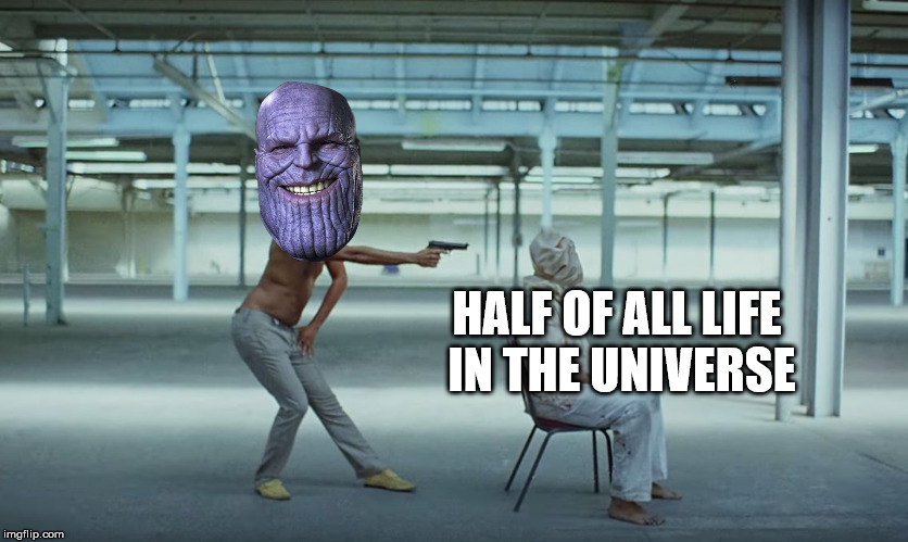 This is Infinity War | HALF OF ALL LIFE IN THE UNIVERSE | image tagged in this is america,avengers infinity war,thanos,thanos smile,spoiler alert | made w/ Imgflip meme maker