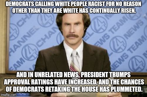 democrats blind to their own racism | DEMOCRATS CALLING WHITE PEOPLE RACIST FOR NO REASON OTHER THAN THEY ARE WHITE HAS CONTINUALLY RISEN. AND IN UNRELATED NEWS, PRESIDENT TRUMPS APPROVAL RATINGS HAVE INCREASED, AND THE CHANCES OF DEMOCRATS RETAKING THE HOUSE HAS PLUMMETED. | image tagged in memes,ron burgundy | made w/ Imgflip meme maker