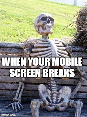 Waiting Skeleton | WHEN YOUR MOBILE SCREEN BREAKS | image tagged in memes,waiting skeleton | made w/ Imgflip meme maker