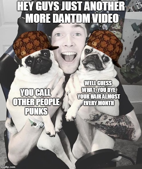 DanTDM and the pugs | HEY GUYS JUST ANOTHER MORE DANTDM VIDEO; WELL GUESS WHAT, YOU DYE YOUR HAIR ALMOST EVERY MONTH; YOU CALL OTHER PEOPLE PUNKS | image tagged in dantdm and the pugs,scumbag | made w/ Imgflip meme maker