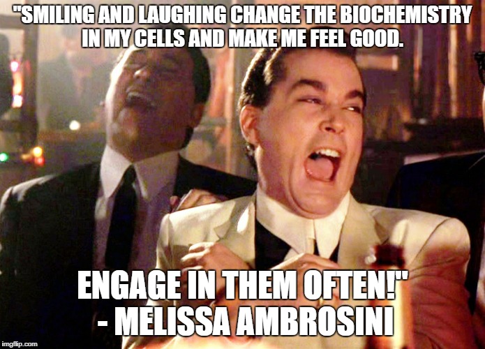 Good Fellas Hilarious | "SMILING AND LAUGHING CHANGE THE BIOCHEMISTRY IN MY CELLS AND MAKE ME FEEL GOOD. ENGAGE IN THEM OFTEN!" - MELISSA AMBROSINI | image tagged in memes,good fellas hilarious | made w/ Imgflip meme maker