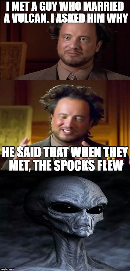 When The Spocks Fly | I MET A GUY WHO MARRIED A VULCAN. I ASKED HIM WHY; HE SAID THAT WHEN THEY MET, THE SPOCKS FLEW | image tagged in bad pun aliens guy,mr spock,star trek,aliens week | made w/ Imgflip meme maker