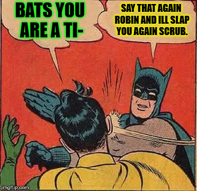 Batman Slapping Robin Meme | BATS YOU ARE A TI-; SAY THAT AGAIN ROBIN AND ILL SLAP YOU AGAIN SCRUB. | image tagged in memes,batman slapping robin | made w/ Imgflip meme maker