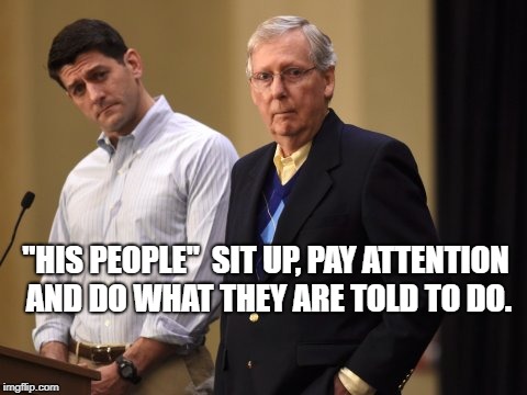 Ryan and McConnell | "HIS PEOPLE"  SIT UP, PAY ATTENTION AND DO WHAT THEY ARE TOLD TO DO. | image tagged in ryan and mcconnell | made w/ Imgflip meme maker