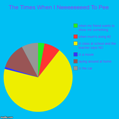 The Times When I Neeeeeeeed To Pee | in the car, laying around at home, in a movie, in class at school and the teacher says NO, when mum's d | image tagged in funny,pie charts | made w/ Imgflip chart maker