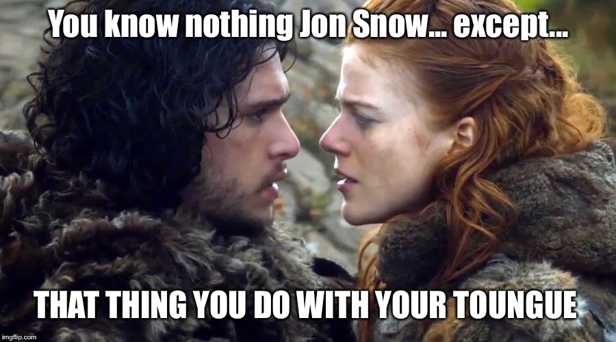 You might know something  | You know nothing Jon Snow... except... THAT THING YOU DO WITH YOUR TOUNGUE | image tagged in jon snow,ygritte,game of thrones,tongue,smile | made w/ Imgflip meme maker