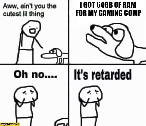 Oh no it's retarded! | I GOT 64GB OF RAM FOR MY GAMING COMP | image tagged in oh no it's retarded | made w/ Imgflip meme maker