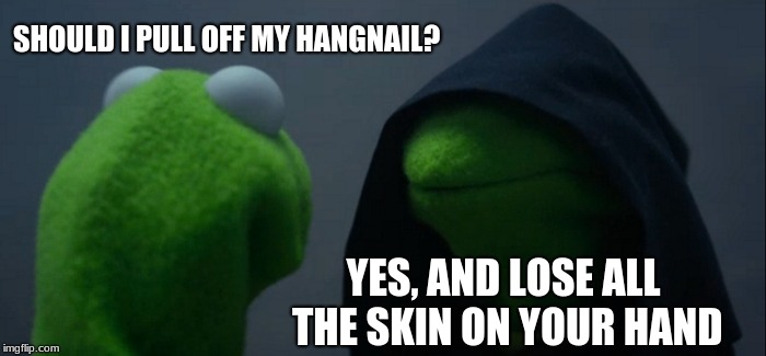Evil Kermit Meme | SHOULD I PULL OFF MY HANGNAIL? YES, AND LOSE ALL THE SKIN ON YOUR HAND | image tagged in memes,evil kermit | made w/ Imgflip meme maker