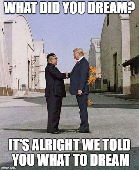 we told you what to dream | WHAT DID YOU DREAM? IT'S ALRIGHT WE TOLD YOU WHAT TO DREAM | image tagged in donald trump,kim jong un | made w/ Imgflip meme maker