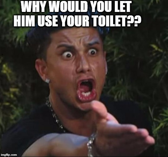 for crying out loud | WHY WOULD YOU LET HIM USE YOUR TOILET?? | image tagged in for crying out loud | made w/ Imgflip meme maker