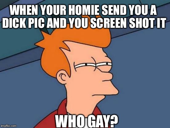Futurama Fry Meme | WHEN YOUR HOMIE SEND YOU A DICK PIC AND YOU SCREEN SHOT IT; WHO GAY? | image tagged in memes,futurama fry | made w/ Imgflip meme maker