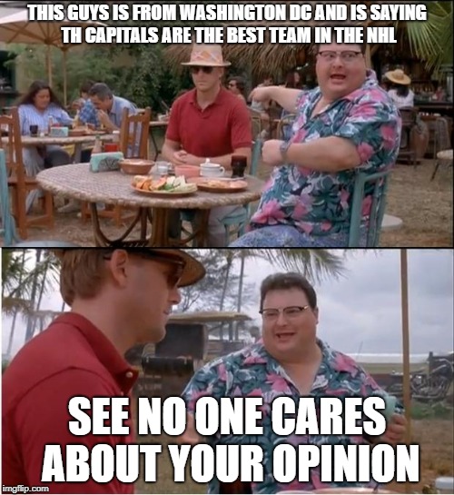 See Nobody Cares Meme | THIS GUYS IS FROM WASHINGTON DC AND IS SAYING TH CAPITALS ARE THE BEST TEAM IN THE NHL; SEE NO ONE CARES ABOUT YOUR OPINION | image tagged in memes,see nobody cares | made w/ Imgflip meme maker