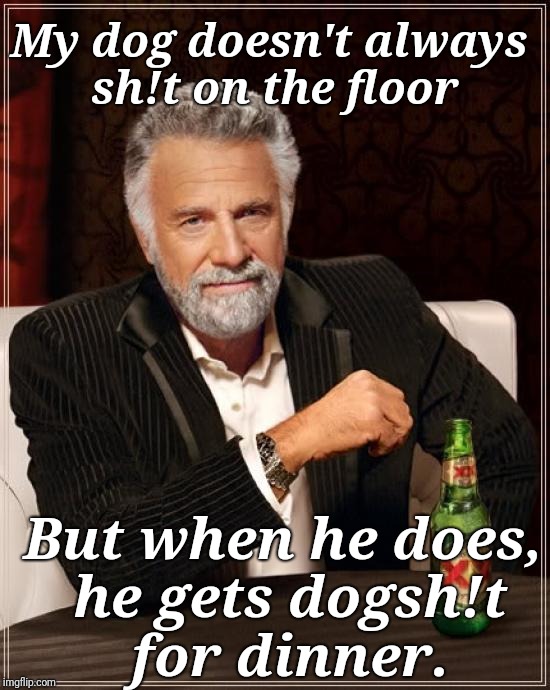 Not again! | My dog doesn't always sh!t on the floor; But when he does, he gets dogsh!t for dinner. | image tagged in memes,the most interesting man in the world,dogs,guiltydogs | made w/ Imgflip meme maker