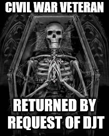 Skeleton Casket | CIVIL WAR VETERAN; RETURNED BY REQUEST OF DJT | image tagged in skeleton casket | made w/ Imgflip meme maker