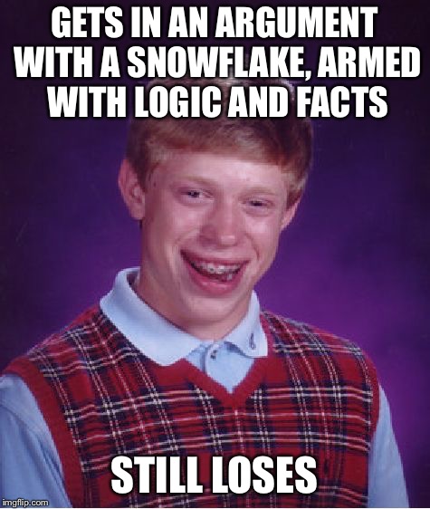 Bad Luck Brian Meme | GETS IN AN ARGUMENT WITH A SNOWFLAKE, ARMED WITH LOGIC AND FACTS; STILL LOSES | image tagged in memes,bad luck brian | made w/ Imgflip meme maker