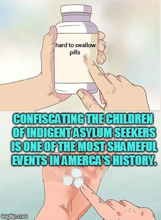 Hard To Swallow Pills Meme | CONFISCATING THE CHILDREN OF INDIGENT ASYLUM SEEKERS IS ONE OF THE MOST SHAMEFUL EVENTS IN AMERCA'S HISTORY. | image tagged in hard to swallow pills | made w/ Imgflip meme maker