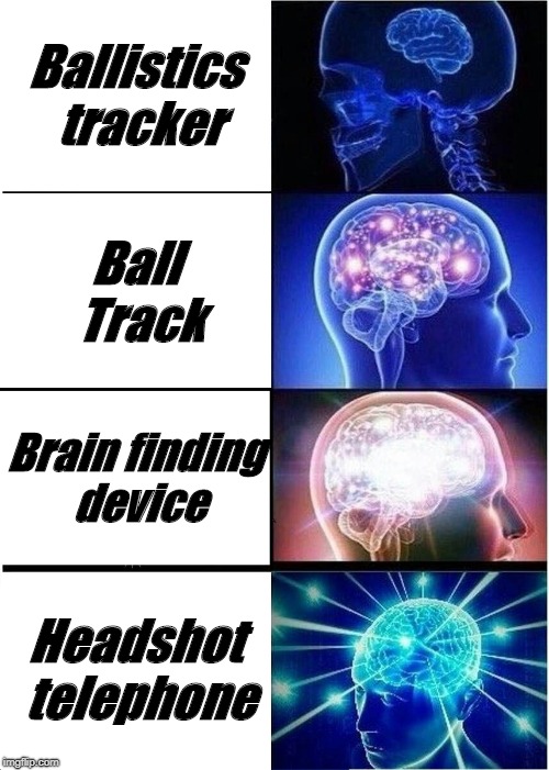 Expanding Brain Meme | Ballistics tracker; Ball Track; Brain finding device; Headshot telephone | image tagged in memes,expanding brain | made w/ Imgflip meme maker