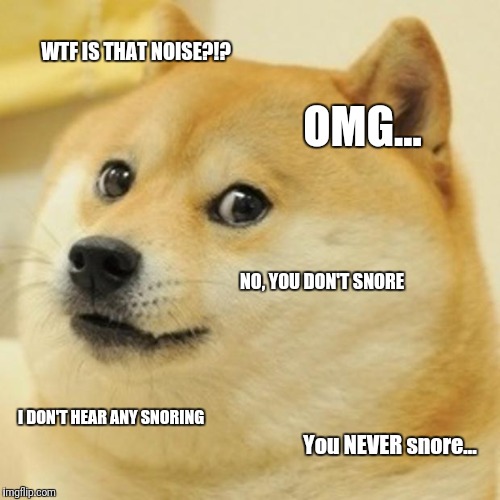 Doge | WTF IS THAT NOISE?!? OMG... NO, YOU DON'T SNORE; I DON'T HEAR ANY SNORING; You NEVER snore... | image tagged in memes,doge,snoring,snore | made w/ Imgflip meme maker