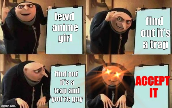 Grus Plan Evil | find out it's a trap; lewd anime girl; find out it's a trap and you're gay; ACCEPT IT | image tagged in grus plan evil | made w/ Imgflip meme maker