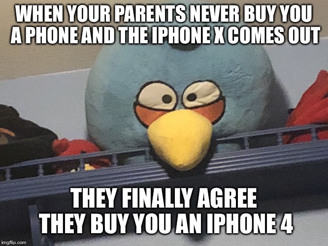 WHEN YOUR PARENTS NEVER BUY YOU A PHONE AND THE IPHONE X COMES OUT; THEY FINALLY AGREE THEY BUY YOU AN IPHONE 4 | image tagged in big blue bird meme | made w/ Imgflip meme maker