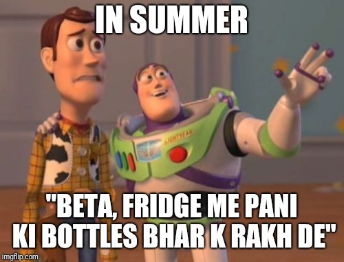 X, X Everywhere Meme | IN SUMMER; "BETA, FRIDGE ME PANI KI BOTTLES BHAR K RAKH DE" | image tagged in memes,x x everywhere | made w/ Imgflip meme maker