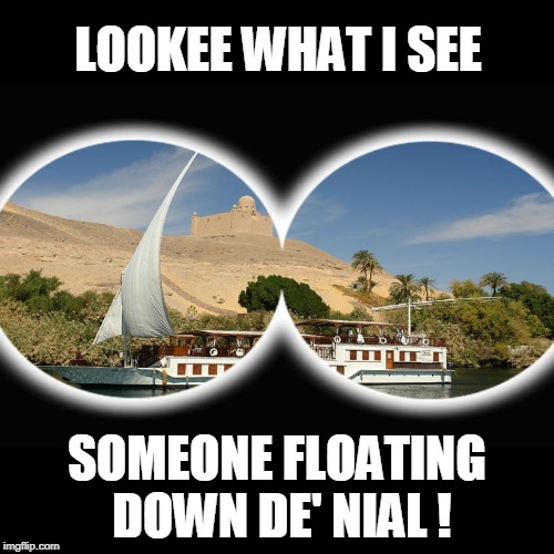 You can lie to yourself but you can't lie to me! | LOOKEE WHAT I SEE; SOMEONE FLOATING DOWN DE' NIAL ! | image tagged in funny,denial,are you kidding me | made w/ Imgflip meme maker