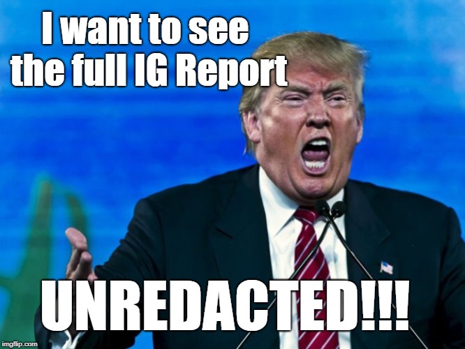 IG Report | I want to see the full IG Report; UNREDACTED!!! | image tagged in trump yelling,fbi,election 2016,obama,hillary clinton | made w/ Imgflip meme maker