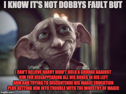 Dobby | I KNOW IT'S NOT DOBBYS FAULT BUT; I CAN'T BELIEVE HARRY DIDN'T HOLD A GRUDGE AGAINST HIM FOR DISEAPPEARING ALL HIS BONES IN HIS LEFT ARM AND TRYING TO DISCONTINUE HIS MAGIC EDUCATION PLUS GETTING HIM INTO TROUBLE WITH THE MINISTRY OF MAGIC | image tagged in dobby | made w/ Imgflip meme maker