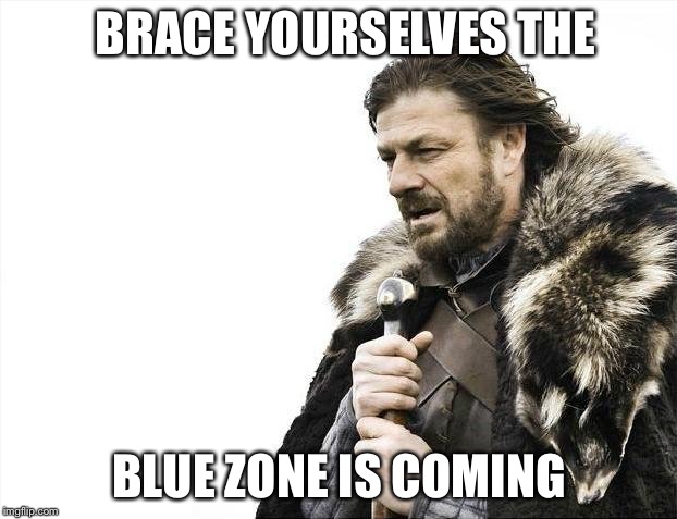 Brace Yourselves X is Coming Meme | BRACE YOURSELVES THE; BLUE ZONE IS COMING | image tagged in memes,brace yourselves x is coming | made w/ Imgflip meme maker
