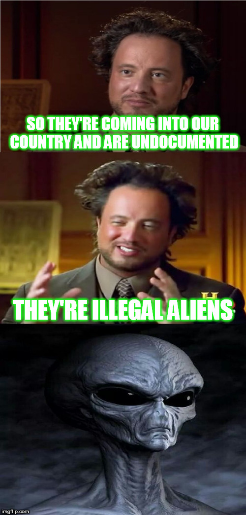 Alien Week is still going strong. | SO THEY'RE COMING INTO OUR COUNTRY AND ARE UNDOCUMENTED; THEY'RE ILLEGAL ALIENS | image tagged in bad pun aliens guy,aliens,aliens week | made w/ Imgflip meme maker