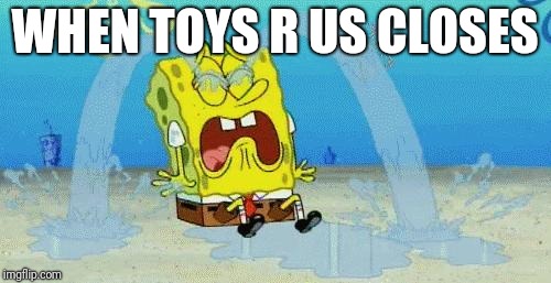 It's still sad that toys r us has to go | WHEN TOYS R US CLOSES | image tagged in sad crying spongebob,toys r us,toysrus,memes | made w/ Imgflip meme maker