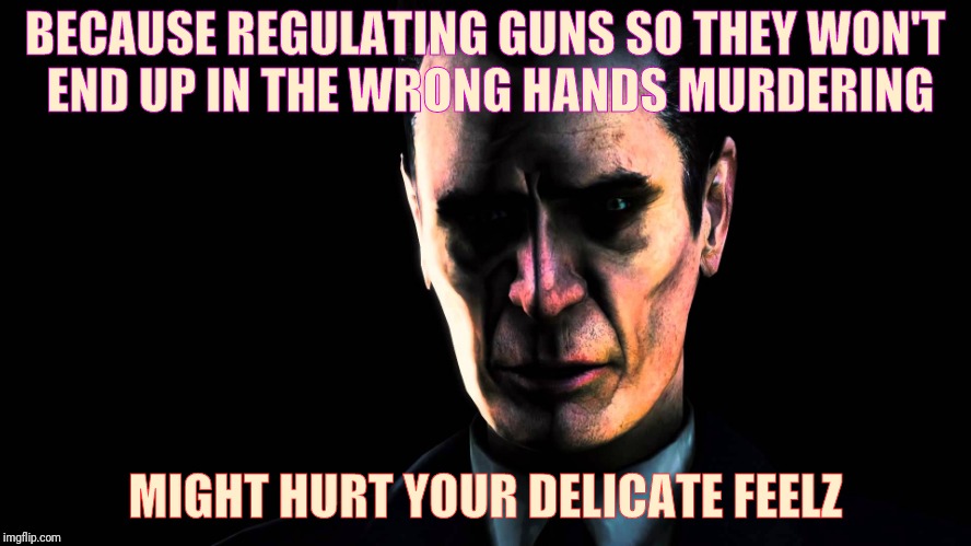 BECAUSE REGULATING GUNS SO THEY WON'T END UP IN THE WRONG HANDS MURDERING MIGHT HURT YOUR DELICATE FEELZ | image tagged in creep,stern faced,vagabondsouffle template | made w/ Imgflip meme maker