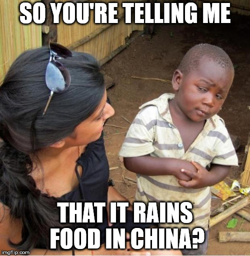 Skeptical third world kid | SO YOU'RE TELLING ME; THAT IT RAINS FOOD IN CHINA? | image tagged in skeptical third world kid | made w/ Imgflip meme maker
