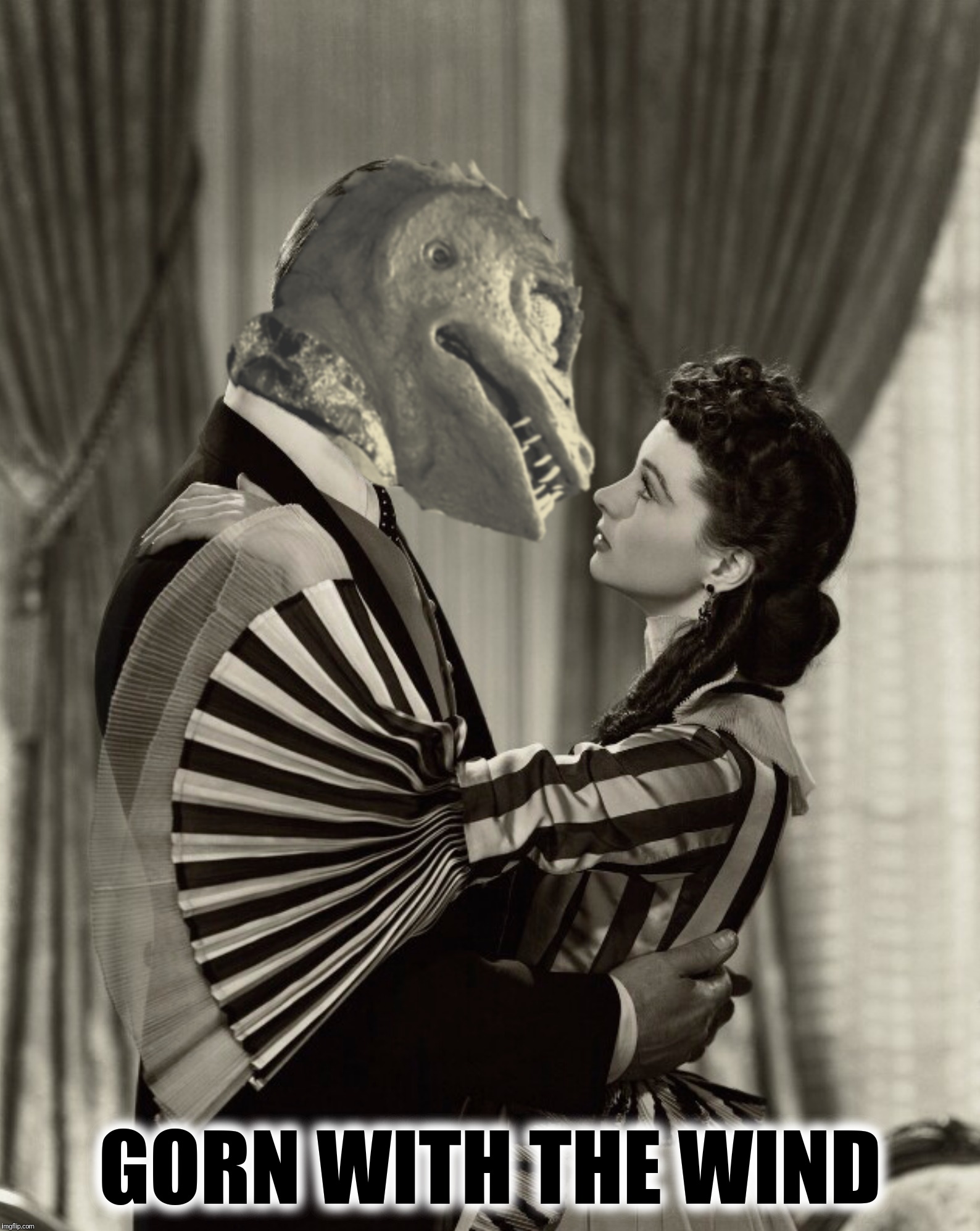 Frankly, my dear, I don't give a damn. 
 Bad Photoshop Sunday meets Aliens Week, an Aliens and clinkster event.  6/12 - 6/19 | GORN WITH THE WIND | image tagged in bad photoshop sunday,aliens week,gone with the wind,gorn,star trek | made w/ Imgflip meme maker