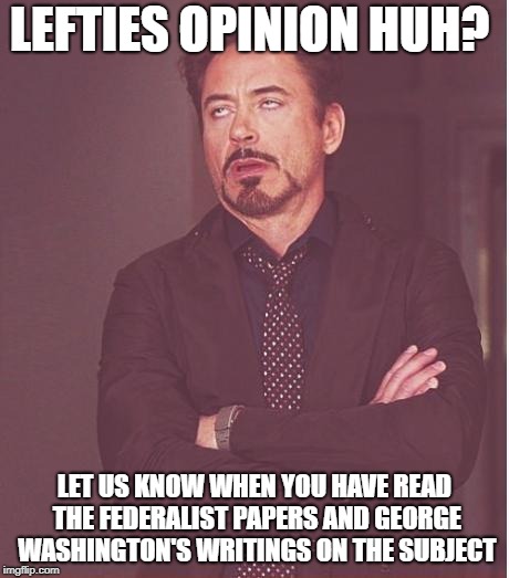 Face You Make Robert Downey Jr Meme | LEFTIES OPINION HUH? LET US KNOW WHEN YOU HAVE READ THE FEDERALIST PAPERS AND GEORGE WASHINGTON'S WRITINGS ON THE SUBJECT | image tagged in memes,face you make robert downey jr | made w/ Imgflip meme maker