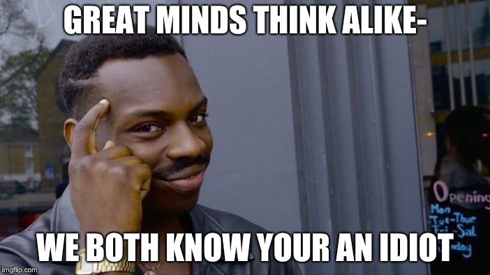 Roll Safe Think About It Meme | GREAT MINDS THINK ALIKE-; WE BOTH KNOW YOUR AN IDIOT | image tagged in memes,roll safe think about it | made w/ Imgflip meme maker