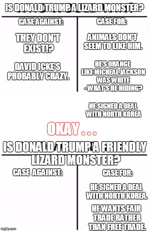 Lizard Monster? | IS DONALD TRUMP A LIZARD MONSTER? CASE FOR:; CASE AGAINST:; ANIMALS DON'T SEEM TO LIKE HIM. THEY DON'T EXIST!? HE'S ORANGE LIKE MICHEAL JACKSON WAS WHITE - WHAT'S HE HIDING? DAVID ICKE'S PROBABLY CRAZY. HE SIGNED A DEAL WITH NORTH KOREA; OKAY . . . IS DONALD TRUMP A FRIENDLY LIZARD MONSTER? CASE  AGAINST:; CASE FOR:; HE SIGNED A DEAL WITH NORTH KOREA. HE WANTS FAIR TRADE RATHER THAN FREE TRADE. | image tagged in donald trump,david icke,policts,orange trump,funny,michael jackson | made w/ Imgflip meme maker