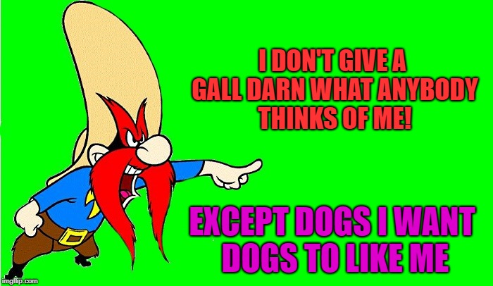 nevermind what anybody thinks | I DON'T GIVE A GALL DARN WHAT ANYBODY THINKS OF ME! EXCEPT DOGS I WANT DOGS TO LIKE ME | image tagged in yosemite sam,dogs | made w/ Imgflip meme maker