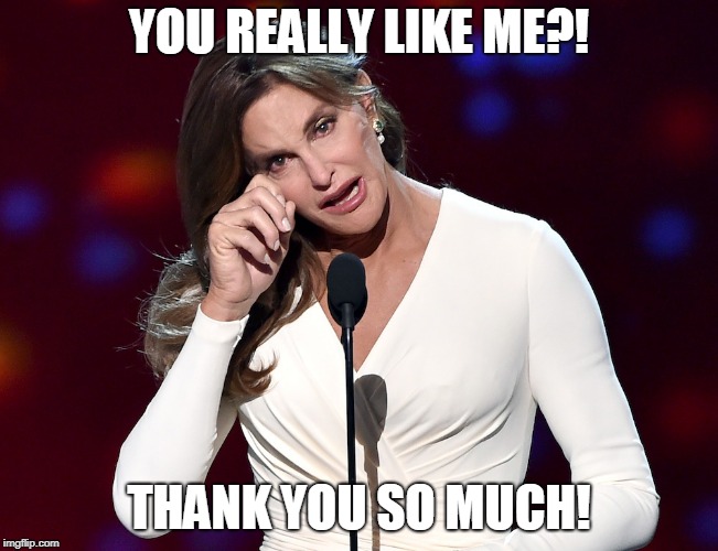 bruce jenner problems | YOU REALLY LIKE ME?! THANK YOU SO MUCH! | image tagged in bruce jenner problems | made w/ Imgflip meme maker