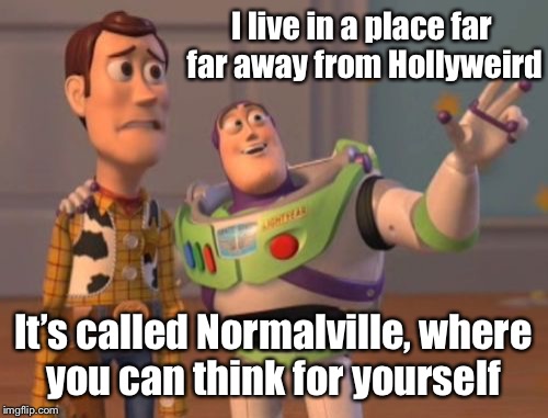X, X Everywhere Meme | I live in a place far far away from Hollyweird It’s called Normalville, where you can think for yourself | image tagged in memes,x x everywhere | made w/ Imgflip meme maker