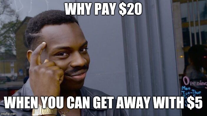 Roll Safe Think About It Meme | WHY PAY $20 WHEN YOU CAN GET AWAY WITH $5 | image tagged in memes,roll safe think about it | made w/ Imgflip meme maker