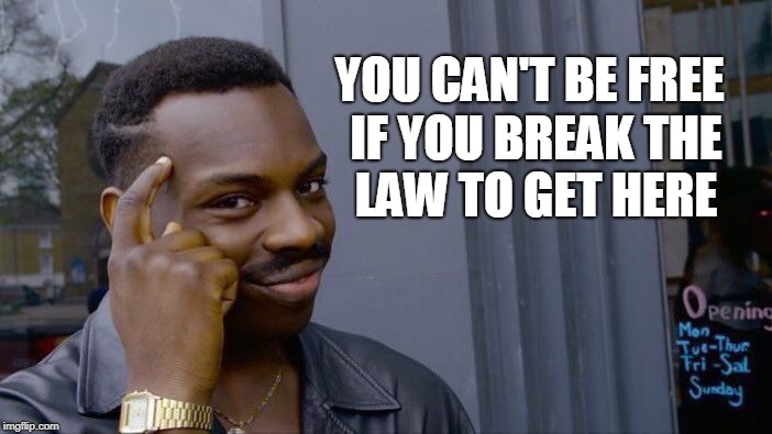 Roll Safe Think About It Meme | YOU CAN'T BE FREE IF YOU BREAK THE LAW TO GET HERE | image tagged in memes,roll safe think about it | made w/ Imgflip meme maker