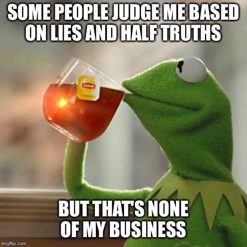 But That's None Of My Business | SOME PEOPLE JUDGE ME BASED ON LIES AND HALF TRUTHS; BUT THAT'S NONE OF MY BUSINESS | image tagged in memes,but thats none of my business,kermit the frog | made w/ Imgflip meme maker
