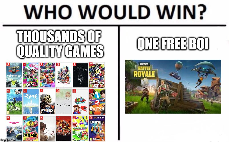 Who Would Win? Meme | THOUSANDS OF QUALITY GAMES; ONE FREE BOI | image tagged in memes,who would win | made w/ Imgflip meme maker
