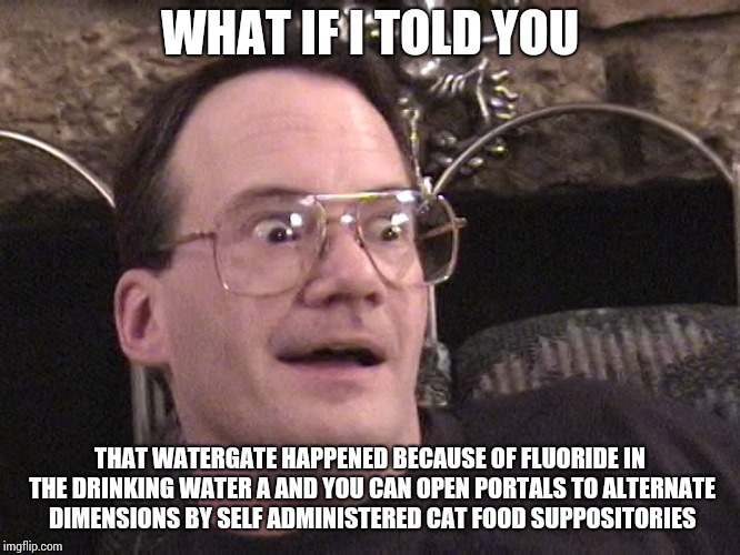 WHAT IF I TOLD YOU THAT WATERGATE HAPPENED BECAUSE OF FLUORIDE IN THE DRINKING WATER A AND YOU CAN OPEN PORTALS TO ALTERNATE DIMENSIONS BY S | image tagged in corny | made w/ Imgflip meme maker